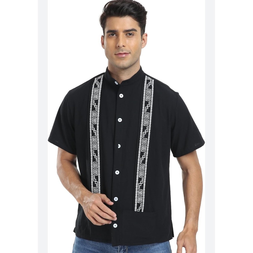 Mens Black Short Sleeve Embroidered Cuban Guayabera Shirt XL
